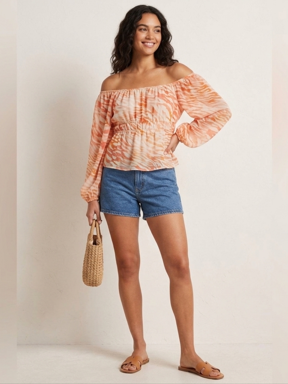 DR2 Orange & Peach Watercolor Tiger Stripe Chiffon Peasant Blouse Size Small